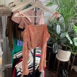 Pink off the shoulder spaghetti strap crop top
